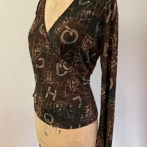 2000s y2k Steps Brand Deep V Wrap Alphabet Print Slinky Knit Bell Sleeve Large - Picture 7 of 16